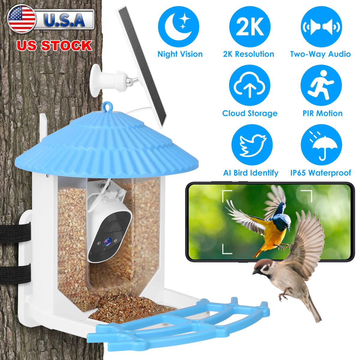Solar Powered Smart Bird Feeder 2K Bird Watching Camera
